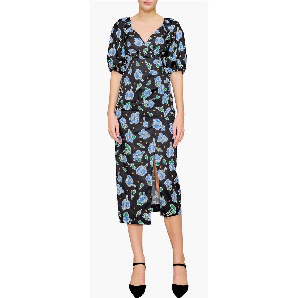 Mello Day Black Floral Puff Sleeve Midi Dress V-Neck Smocked Back Size Large NEW